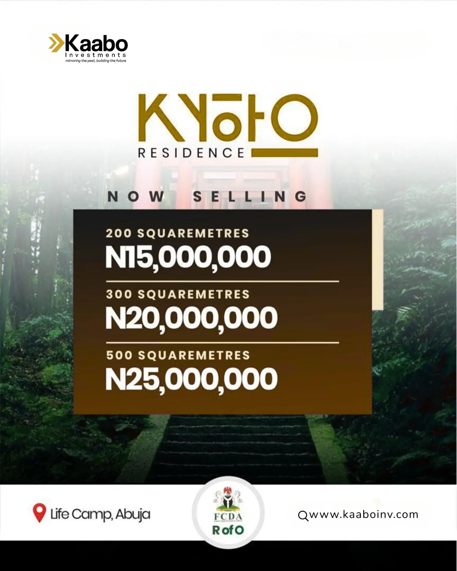 Kyoto Residence flyer — Life Camp, Abuja, with plot sizes and prices