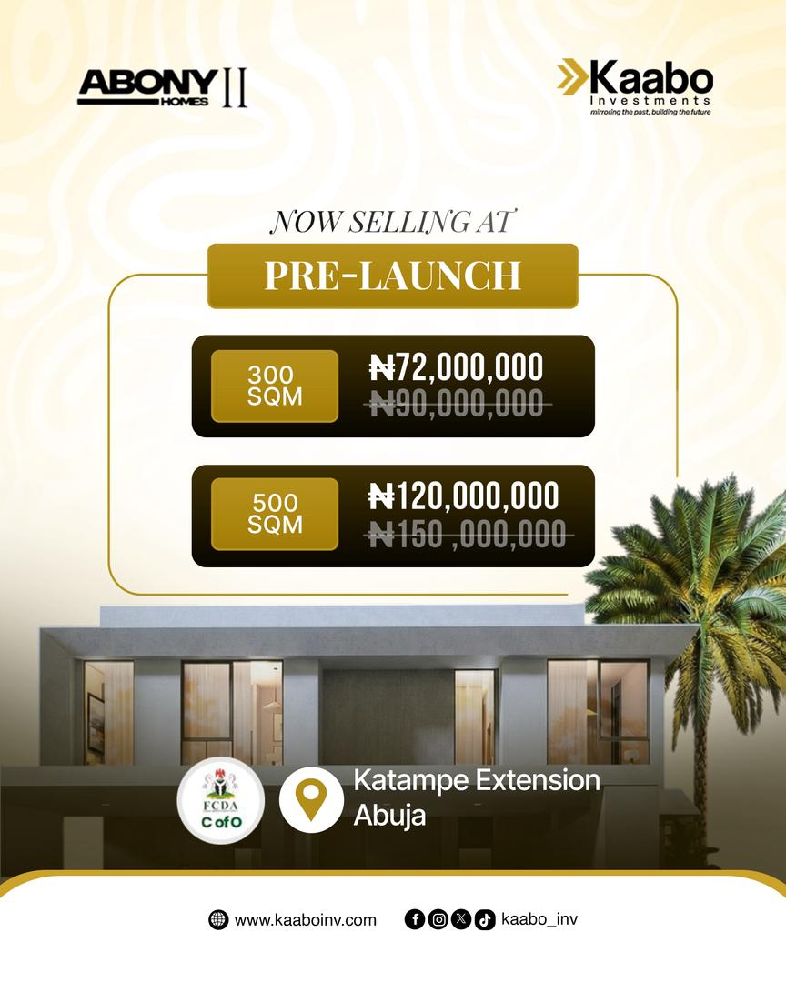 ABONY Homes II pre-launch flyer — Katampe Extension, Abuja, with plot sizes and prices